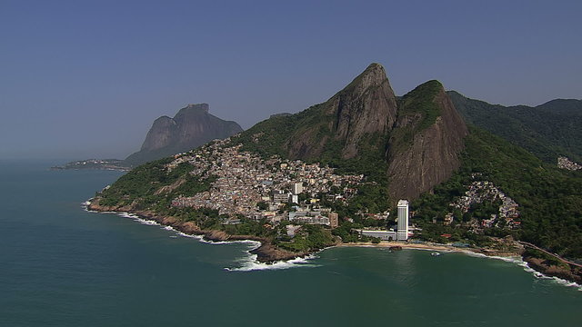 Flying along the beach and favela, Rio de Janeiro, Brazil