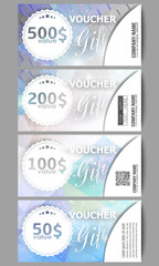 Set of modern gift voucher templates. Blue abstract winter background. Christmas vector style with snowflakes