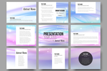 Set of 9 templates for presentation slides. Abstract wave vector background