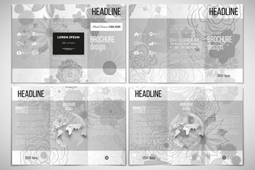 Vector set of tri-fold brochure design template on both sides with world globe element. Hand drawn floral doodle pattern, abstract vector background