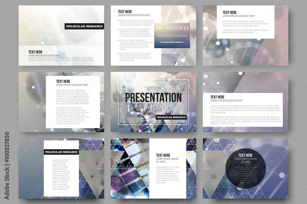 Aufkleber set of 9 vector templates for presentation slides. dna molecule structure on dark blue background.