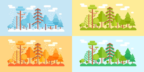 Flat Style Forest Scenery, four stylized seasons - 100527844