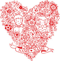 Wedding heart with flowers and birds. The bride and groom. Romantic floral wedding invitation in vector. Cute marriage.