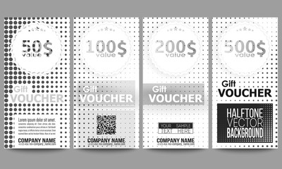 Set of modern gift voucher templates. Halftone vector background. Black dots on white