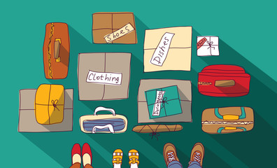 Moving passage luggage family things in boxes. 