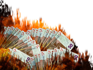 Euro stock marketcall or collapse. Money notes in flames. Burn money.