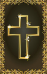 Happy Easter golden christian cross card, vector illustration
