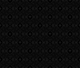 Naklejka premium Black seamless poker background with darkgrey damask pattern and cards symbols