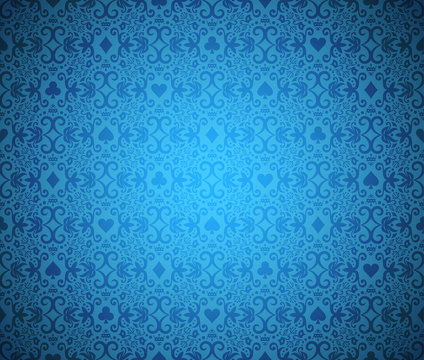 Blue poker background with dark damask pattern and cards symbols