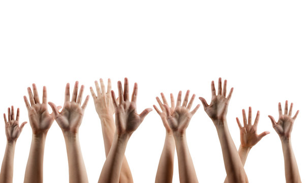 Many people's hands up isolated on white background. Various han