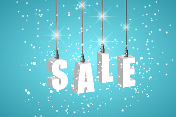 Obraz na płótnie Canvas Winter sale blue banner with white hanging letters. Christmas discount, january shopping offer. Advertisement sign on hanger with sale inscription and snow.
