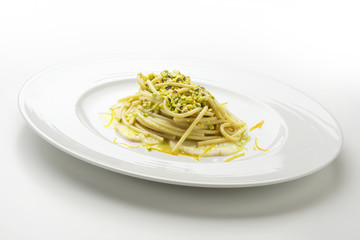 Spaghetti with pistachio and citrus yellowtail
