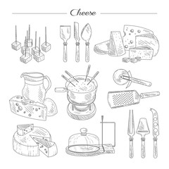 Cheese and Cutting Tools. Sketch Vector Illustration Set.