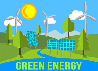 Green Energy Landscape With Renewables - Solar Panels And Windmills