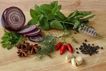 Herbs and spices - parsley, onion, chilly, anise, garlic
