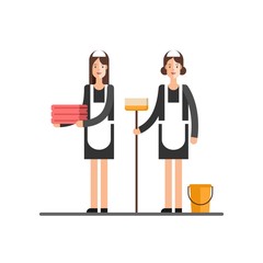 Cleaning service. Cleaning womans in classic maid dress. Vector illustration.