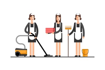 Cleaning company. Maid service. Cleaning womans in classic maid dress. Vector illustration.