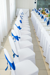 blue and white interior of the restaurant.
Restaurant interior with blue and white colour scheme

