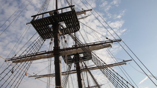Mast of old sailing ship. Sail boat mast