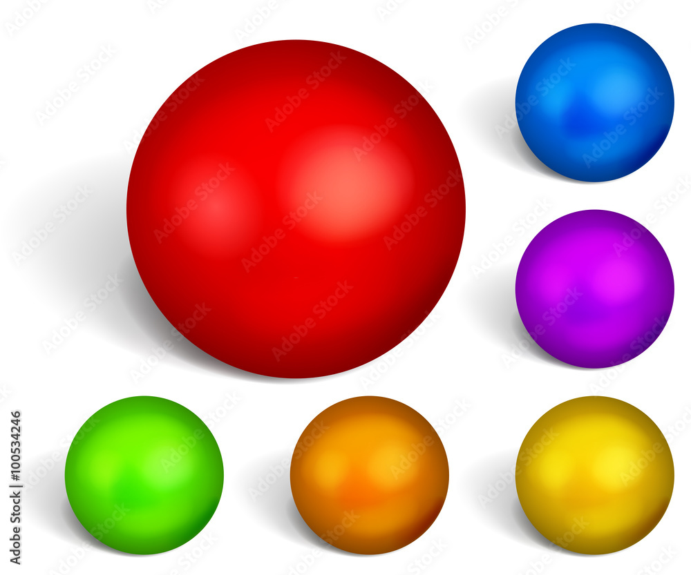 Poster set of multicolored spheres with shadows on white background