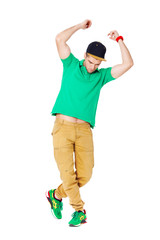 Portrait of young man b-boying in studio isolated on white.