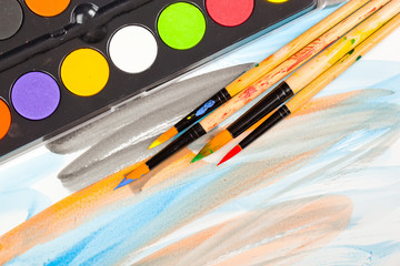 Brushes, paints, pencils for drawing
