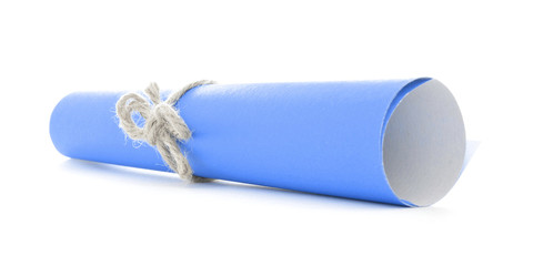 Blue paper tube tied with cord, handmade natural node isolated