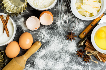 Baking background with sugar, flour, eggs, butter