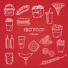 set of handdrawn fast food icons on red background