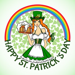 Beautiful leprechaun girl in green with  beer.