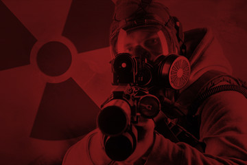 rebel with gas mask and rifles against a white background