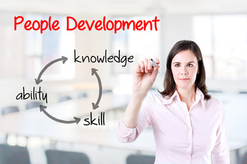 Businesswoman writing people development concept. Office background. 