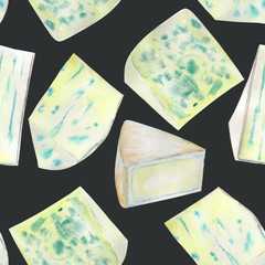 A seamless pattern with the hand-drawn blue cheeses. Painted in a watercolor on a dark (black) background.