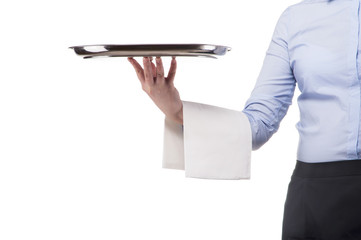 Woman in waiter uniform. Clouse up in tray. Isoleted on white ba