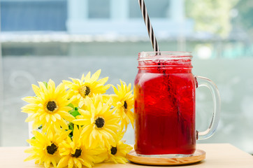 Ice red drink in the glass