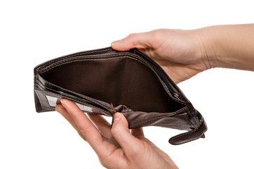 Empty brown purse in woman hands. Isolated