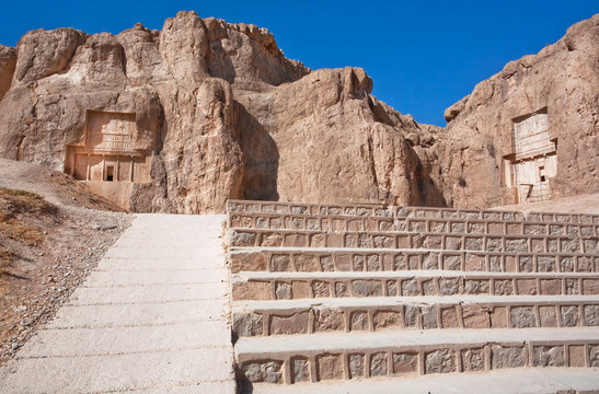Stairs to historical monuments of Naqsh-e Rustam, ancient necropolis near Persepolis, Iran.