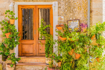 Rustic entrance of a old house with potted plants decoration