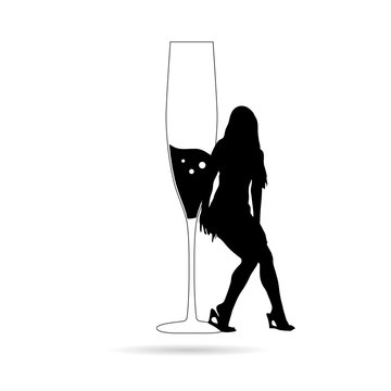girl silhouette with glass of wine illustration