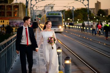 Newlyweds on background of the city Porto