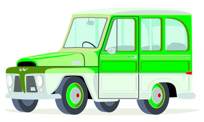 Caricatura Willys - Ford Rural Brasil blanca con verde vista frontal y lateral