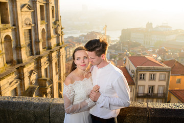 Newlyweds on background of the city Porto