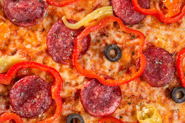 Obraz na płótnie Canvas closeup Tasty pizza with tomatoes, mushroom, sausage, basil and