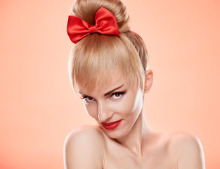 Beauty loving woman smiling, skincare.Pinup