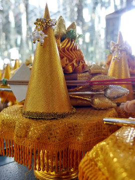 The oblation in Thai temple with seliected focus and blurred background