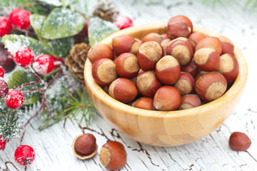 Hazelnuts in a wooden bowl