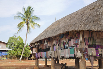 Handmade silk cotton clothes in lao village, Pakse, Laos