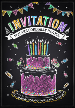 Invitation card to the party or birthday. Birthday cake with can