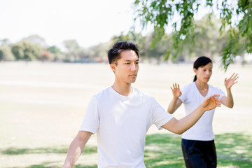 People practicing thai chi in park