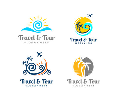 sun, palm, landscape, airplane, travel, tour, vector logo design 5